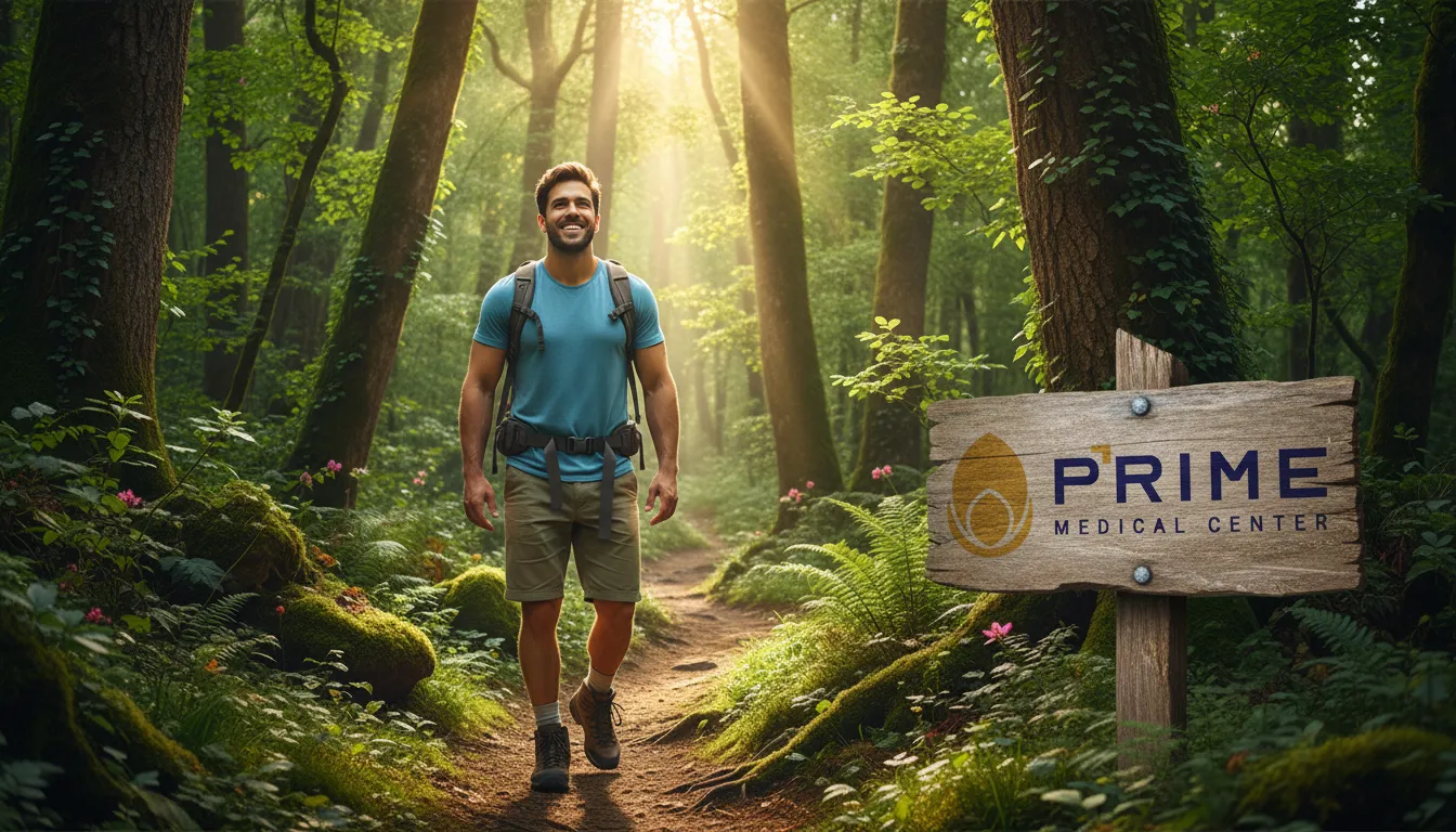 Homem confiante caminhando na natureza, simbolizando a superação da disfunção erétil psicológica através de bem-estar.