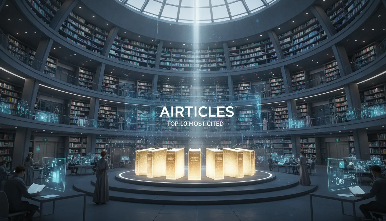 Uma biblioteca futurística com livros brilhantes representando artigos online, destacando os 10 livros mais citados em 'ai overview citations', com Airticles.ai.