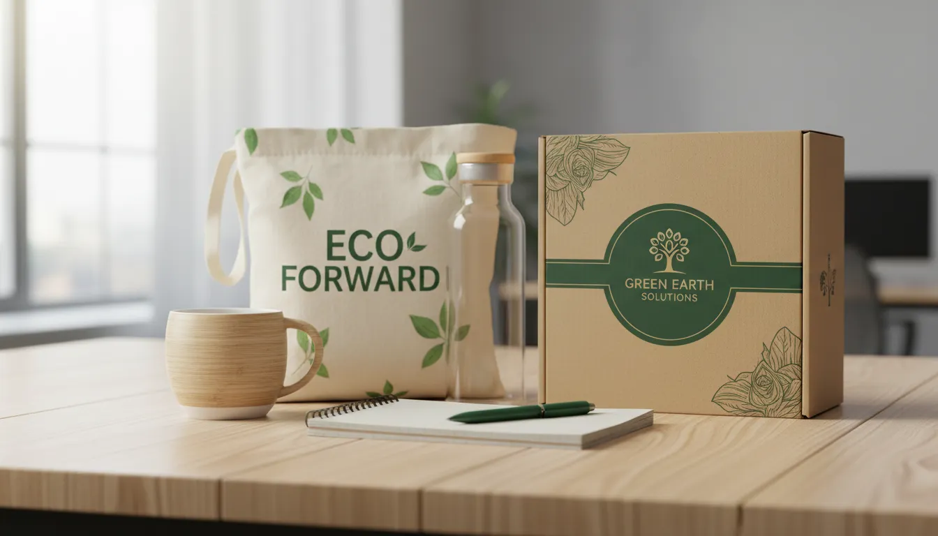 Kit de brindes ecológicos com caneca de bambu, ecobag e bloco reciclado