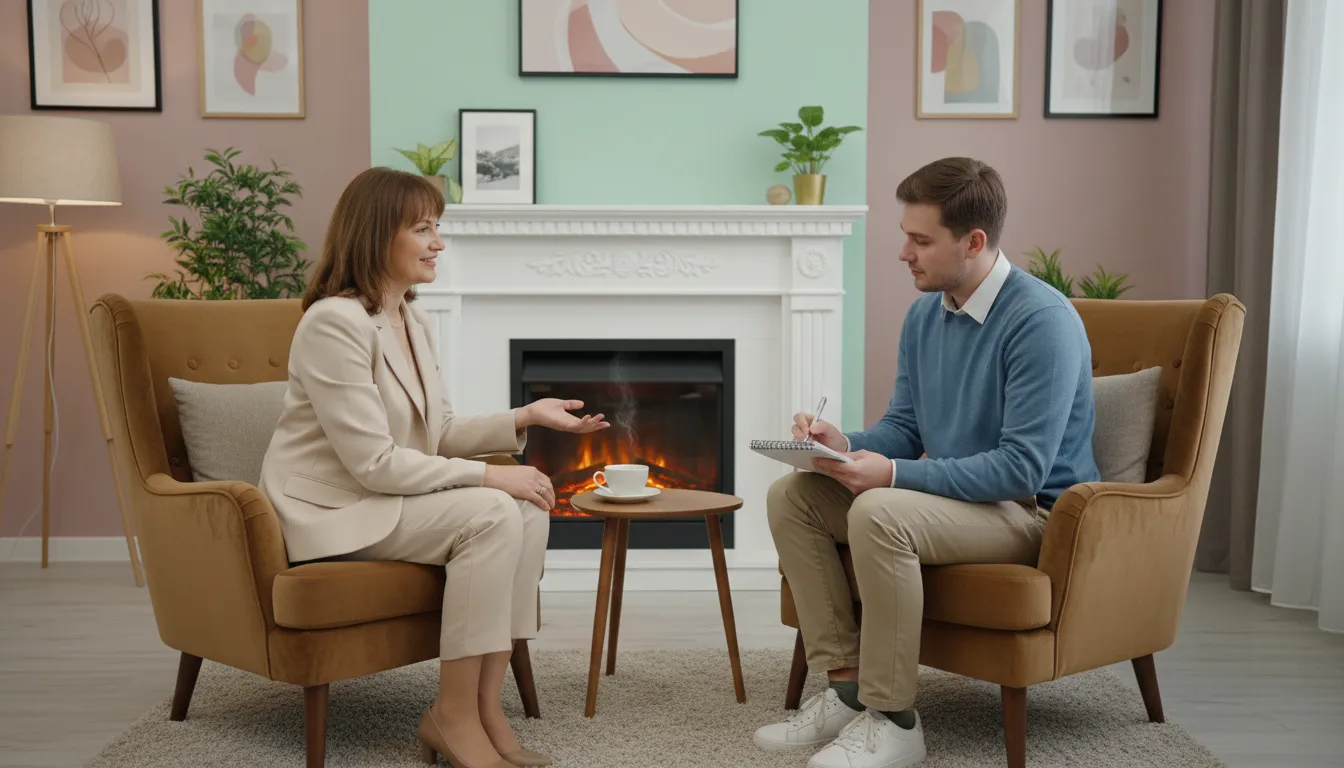 Diálogo entre psicóloga e cliente com expressões de empatia e colaboração durante planejamento de metas.