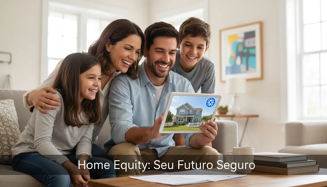 Família sorrindo ao ver sua nova casa financiada com home equity para empresas através da Financia Tudo.
