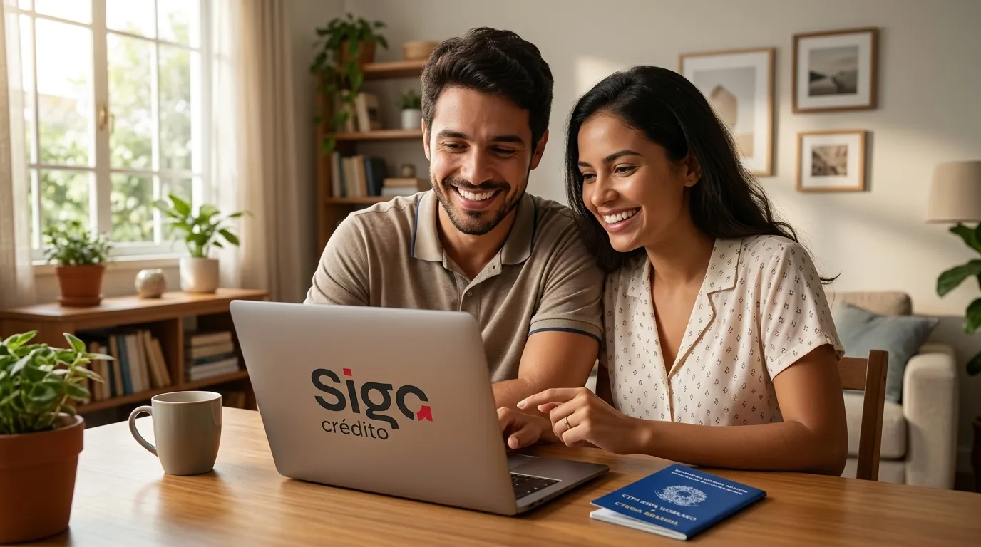 Casal planeja finanças no notebook após aprovação do crédito consignado clt