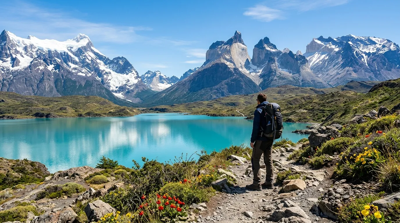 Trilhas e lagos azuis cercam as famosas Torres del Paine na Patagônia, sul do Chile.