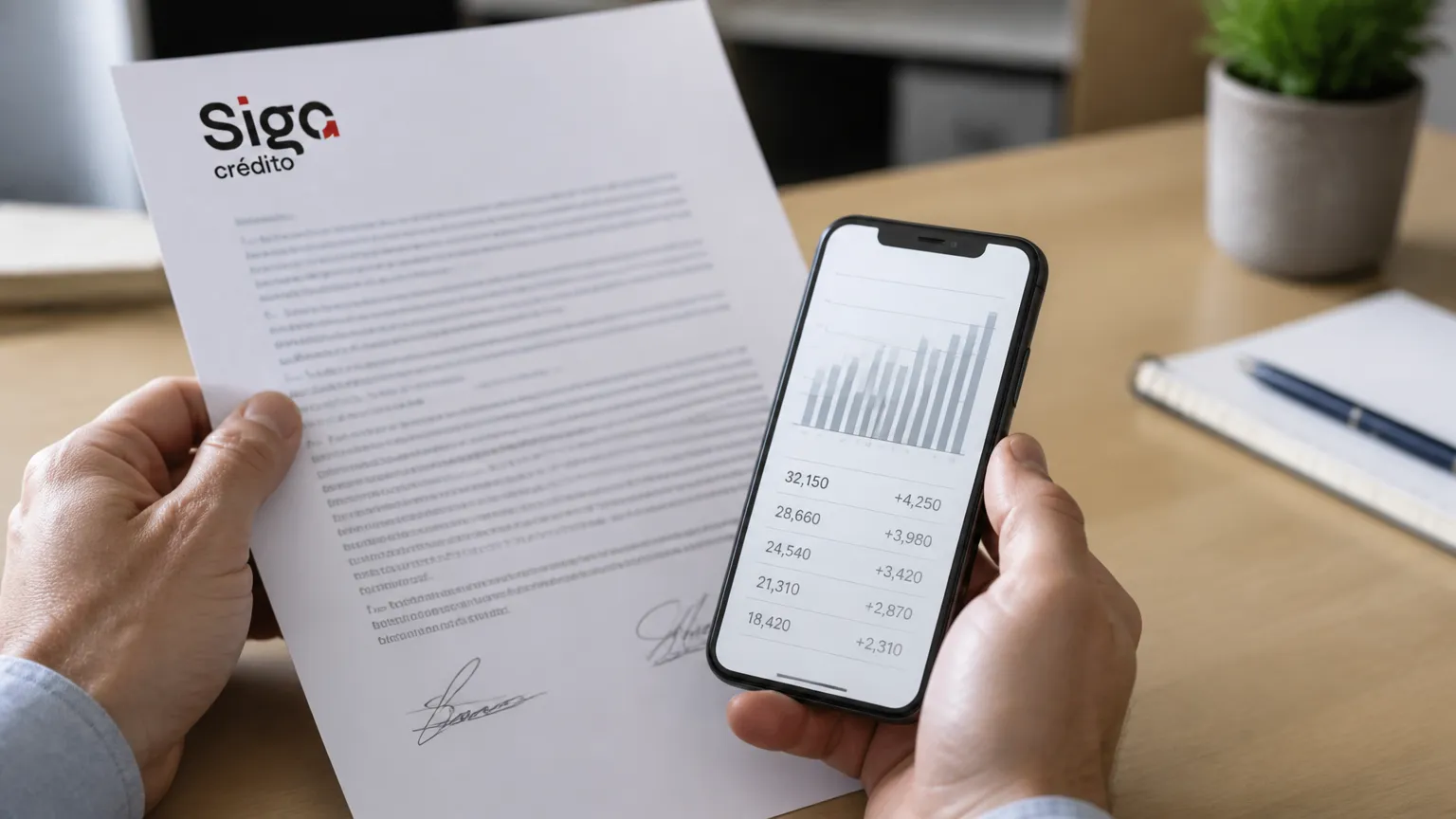 Mãos segurando documento financeiro e celular calculando taxas contra juros abusivos.