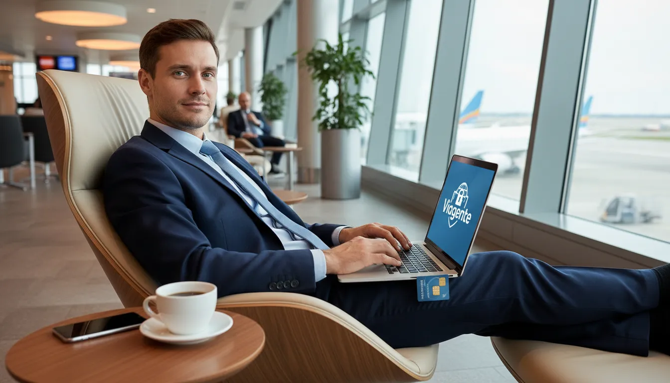 Homem de negócios relaxado em um lounge de aeroporto, trabalhando em seu laptop com uma conexão segura, ilustrando a confiabilidade do chip internacional da Viagente.