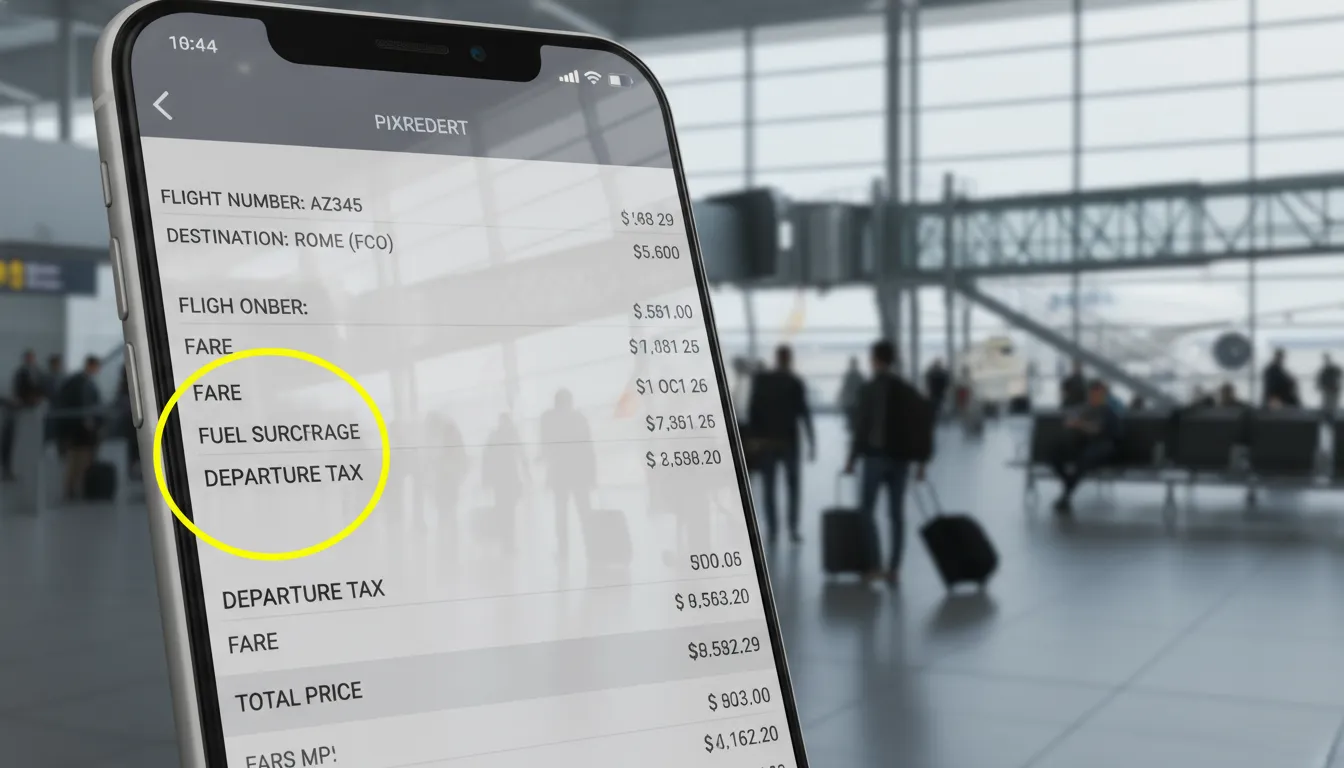 Detalhe de bilhete digital em tablet destacando o valor da taxa de embarque. Pessoas em portão de aeroporto.