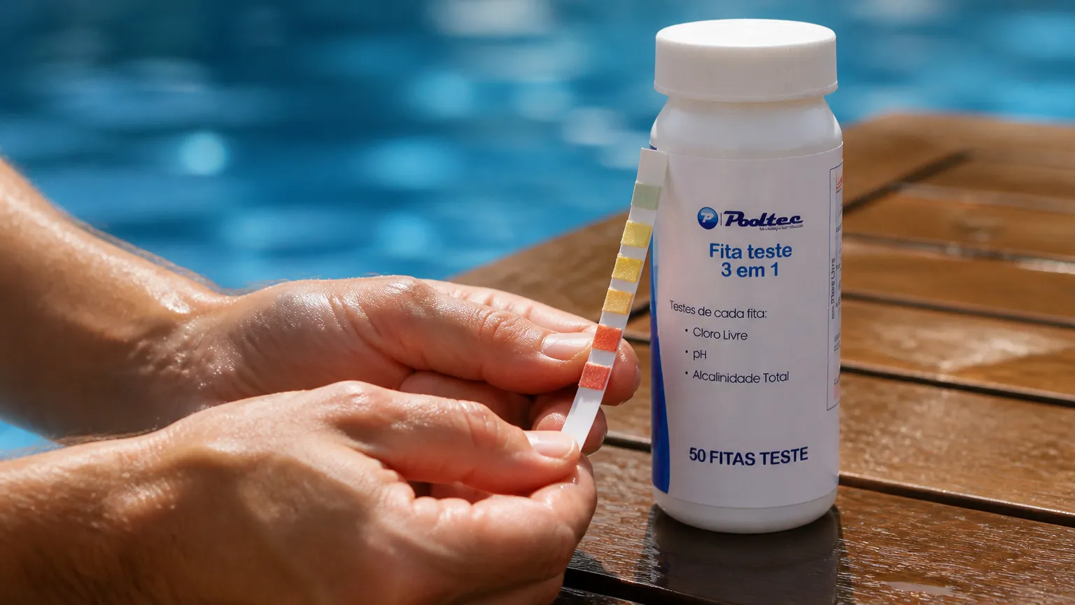 Comparando resultado de fita teste piscina com escala colorimétrica junto à Equibombas.