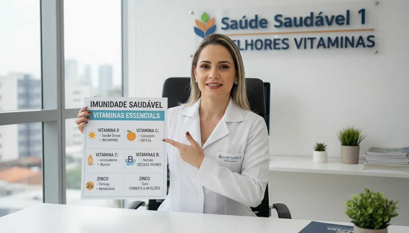 Médico/nutricionista segurando gráfico sobre as melhores vitaminas para imunidade, em um consultório.