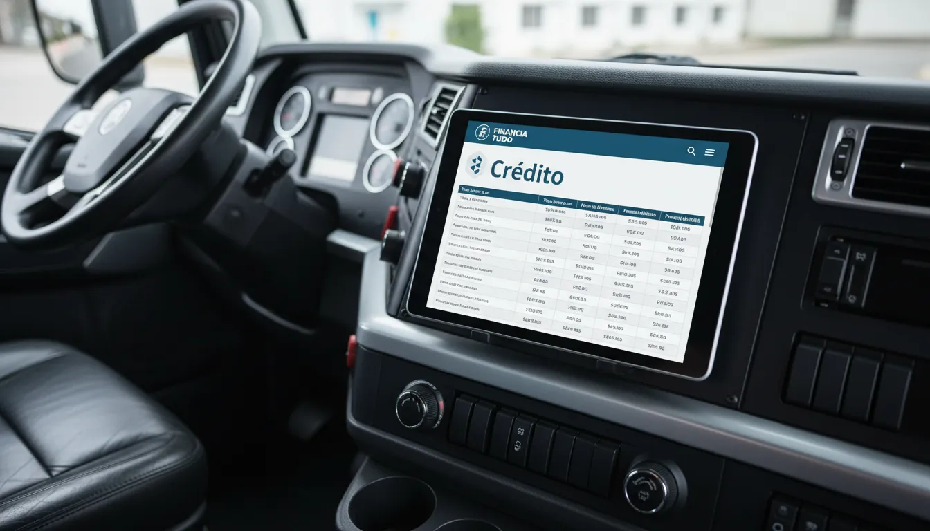 Visão do painel de um caminhão com um tablet mostrando as taxas de juros para empréstimo com caminhão em garantia no site da Financia Tudo.