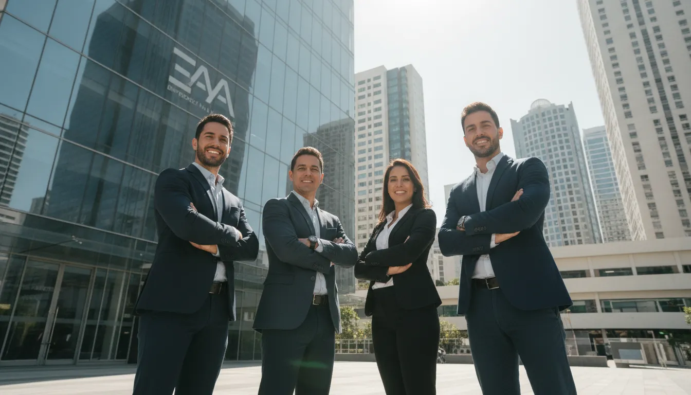 Grupo de empreendedores diversos sorrindo, representando o sucesso e a expansão de uma multi member llc nos EUA.