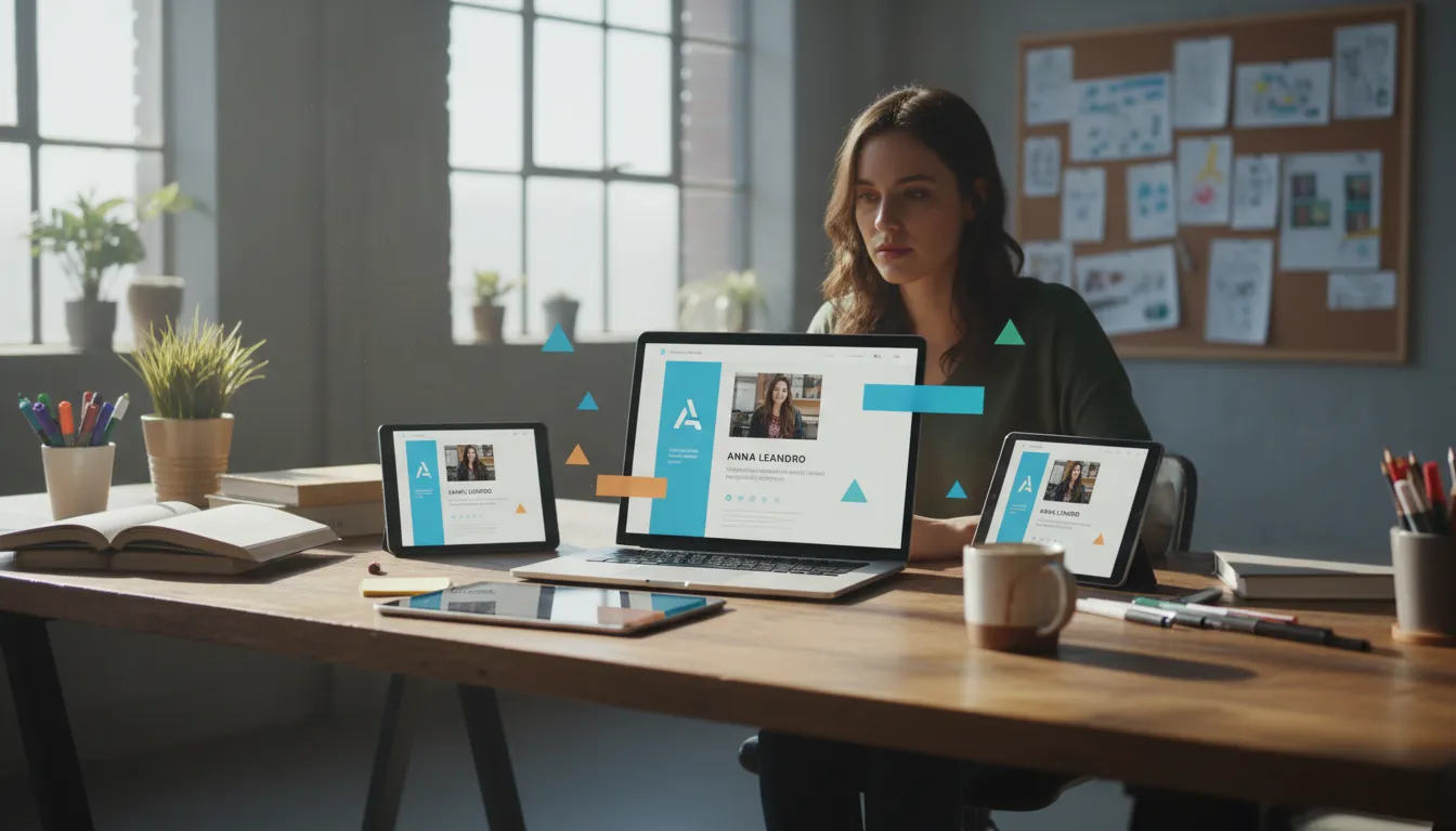 Templates de Bio para Profissionais Liberais em Site e Redes Sociais 2 Designer criando layout de site com destaque para bio profissional criativa e atual.