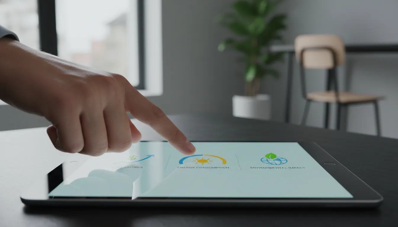 Mão apontando para tablet com interface de energia solar escritório. Assinatura de energia solar fácil e inteligente.