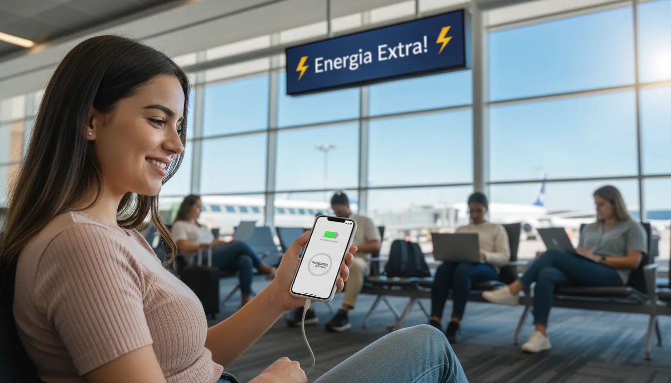Pessoa sorrindo ao usar um carregador portátil personalizado da Nogueira Brindes em um aeroporto, demonstrando a conveniência do produto.