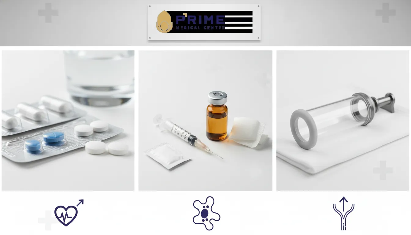 Montagem de tratamentos para disfunção erétil e se a disfunção erétil tem cura: pílulas, injeções e bomba a vácuo.