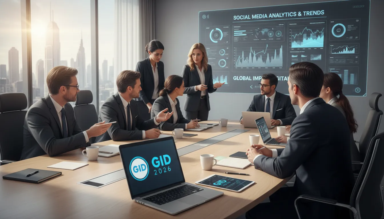 Profesionales analizan el futuro social media en una sala de conferencias de 2026, con GID como parte de la solución estratégica para el crecimiento.