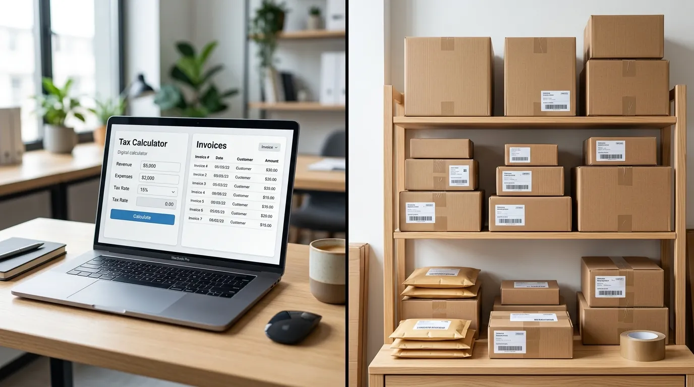 Tela de notebook com notas fiscais e pacotes ilustrando contabilidade para ecommerce.