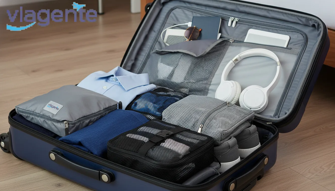 Visão detalhada do interior organizado de uma mala de bordo com roupas dobradas e acessórios.