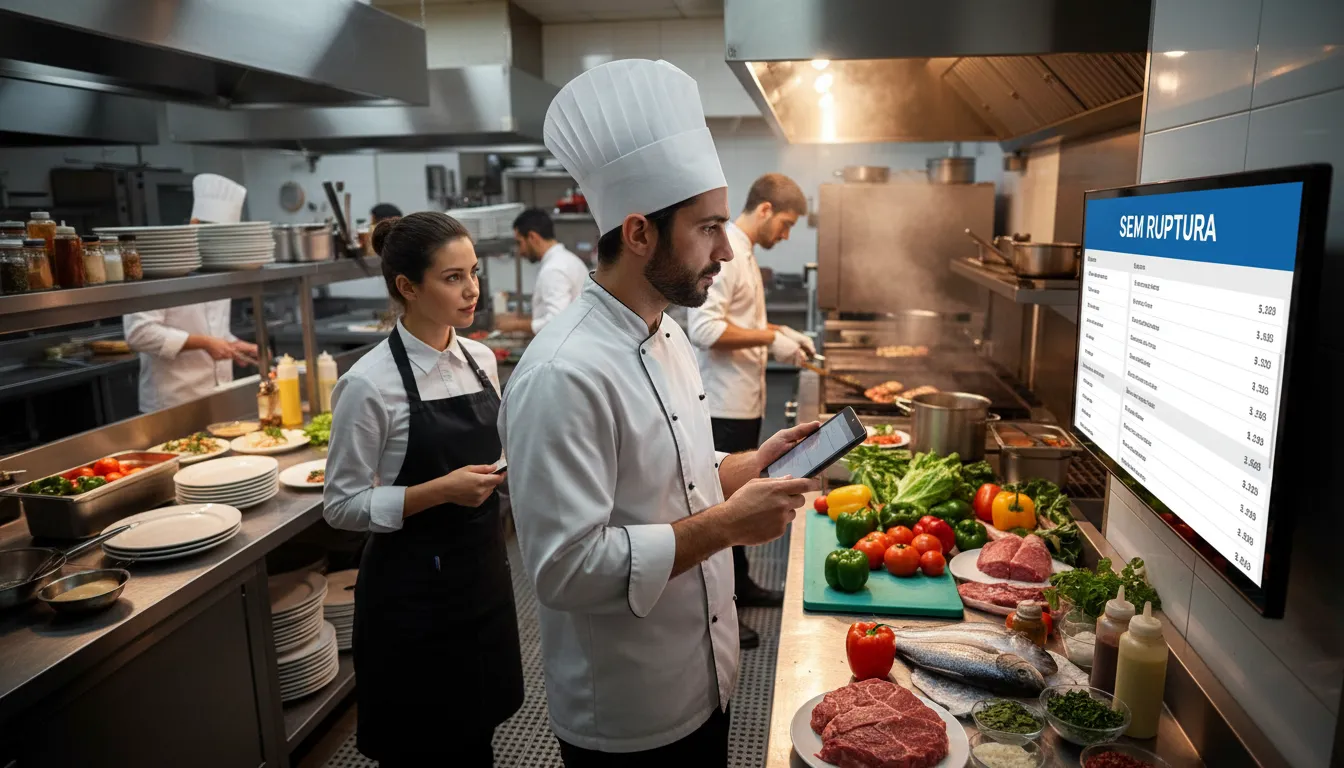 Cozinha de restaurante movimentada com chef utilizando Comanda10 para otimizar o controle de estoque e evitar a falta de ingredientes.