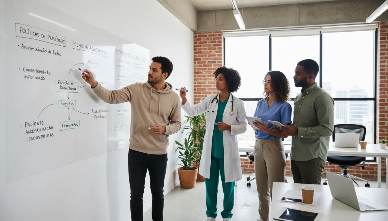 Site para Médico/Consultório em 2026: Compliance + Conversão 3 Equipe multidisciplinar planejando site médico com foco em privacidade, agendamento e experiência do paciente.