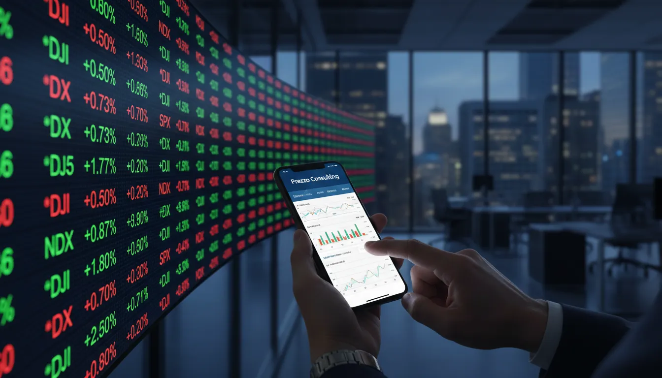 Um ticker da bolsa de valores dos EUA com uma mão acessando dados financeiros no smartphone, exibindo a Prezzo Consulting, sobre ações americanas.