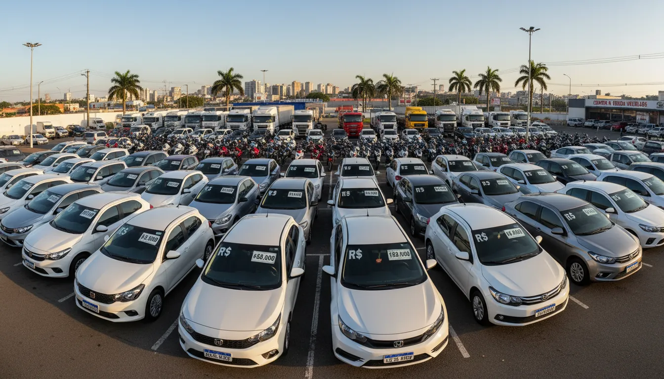 Diversidade de veículos, como carros, motos e caminhões, com etiquetas de preço em vitrine automotiva nacional.