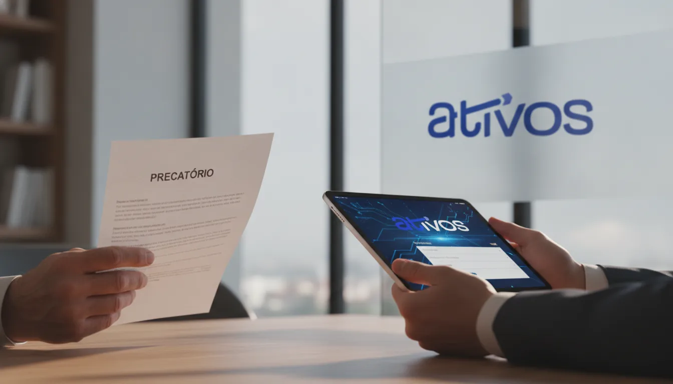 Mãos trocam documento de precatório por tablet com transação digital segura, ilustrando quem compra precatórios.