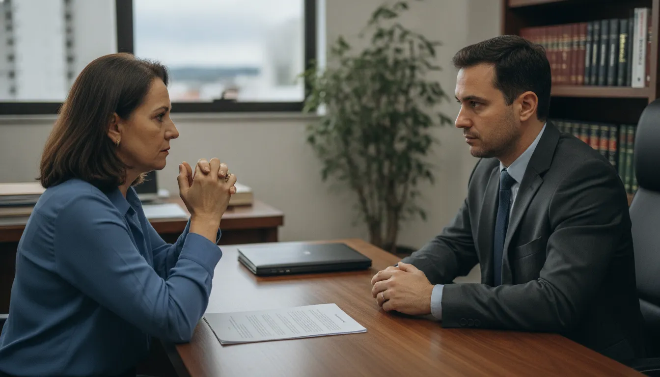 Advogado em Tupã escuta cliente preocupada com plano de saúde, oferecendo assessoria jurídica.