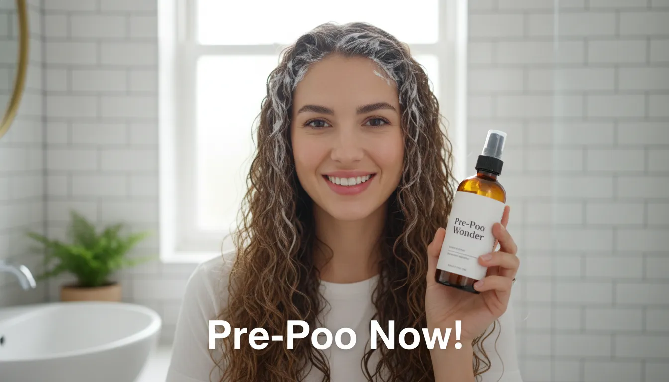 Mulher sorrindo e segurando um frasco de pré-poo no banheiro, demonstrando como fazer pré-poo é essencial para proteger e cuidar dos fios.