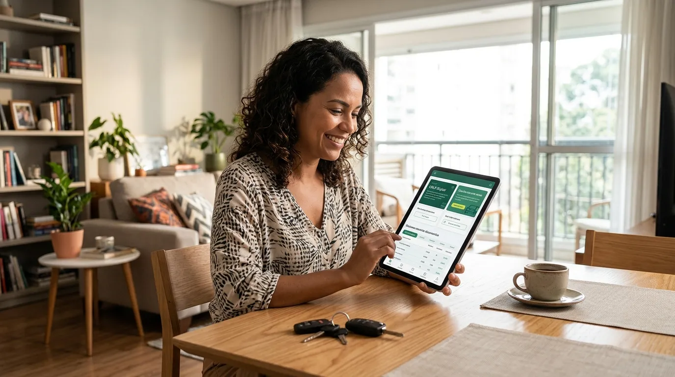 Cliente analisando lista de documentos para refinanciamento de carro no tablet digital.