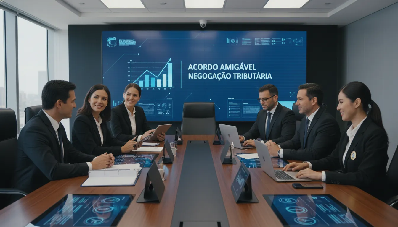 Sessão de mediação tributária entre advogados, empresas e Fisco, demonstrando soluções alternativas no contencioso.