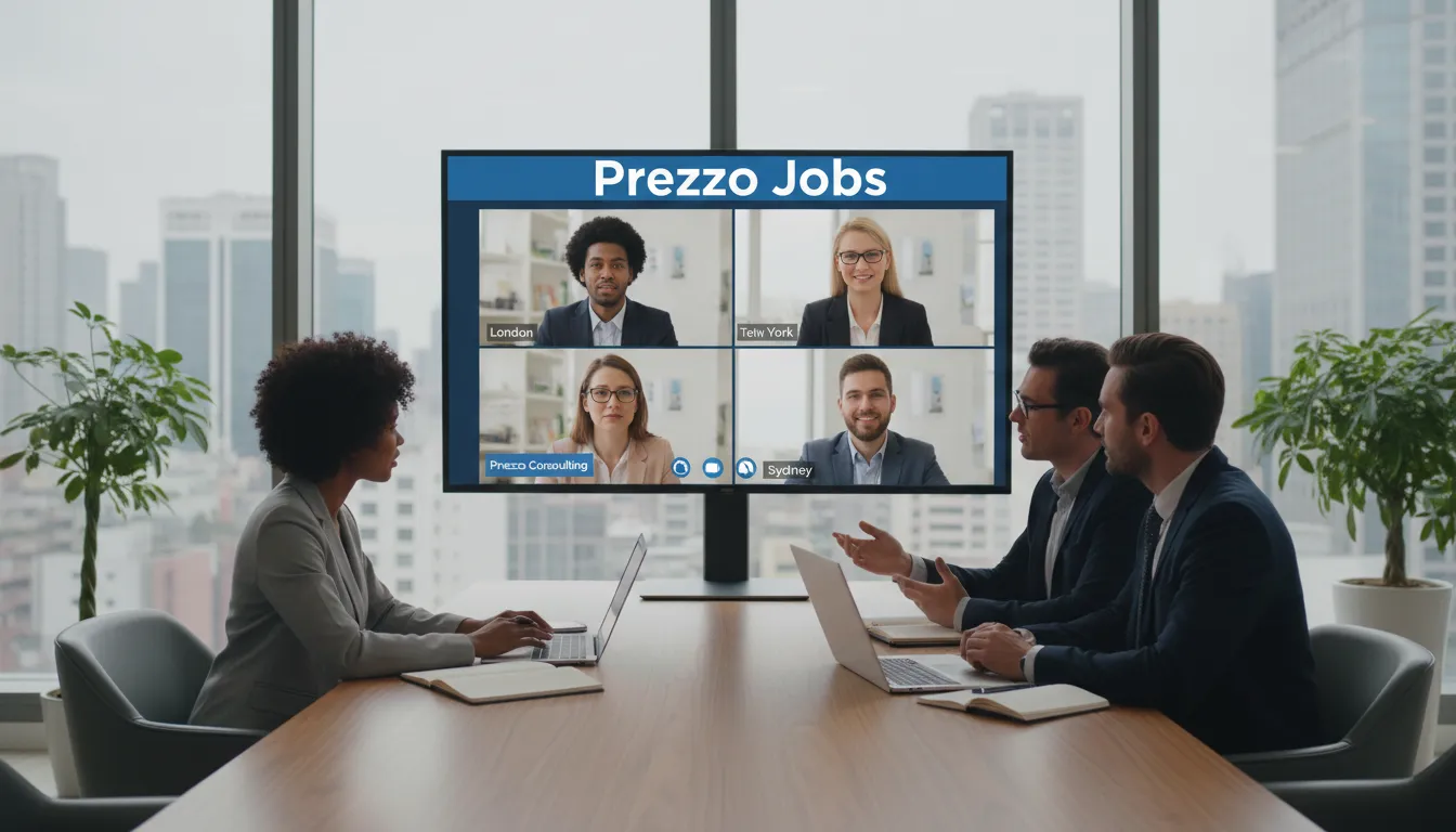 Equipe diversa colaborando remotamente por videoconferência, com um banner da Prezzo Consulting, mostrando as oportunidades de vagas home office.