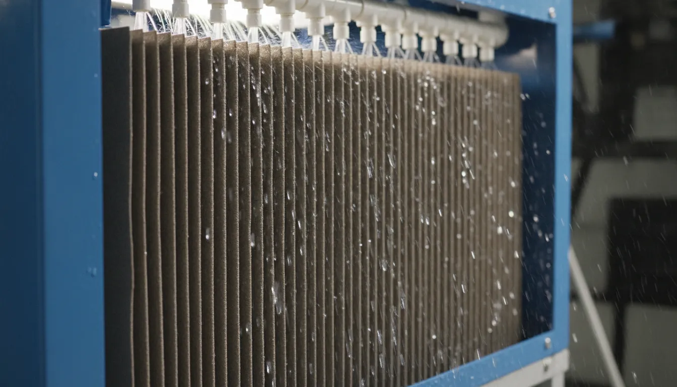 Detalhe interno de um climatizador evaporativo, mostrando painéis umedecidos e sistema de distribuição de água.