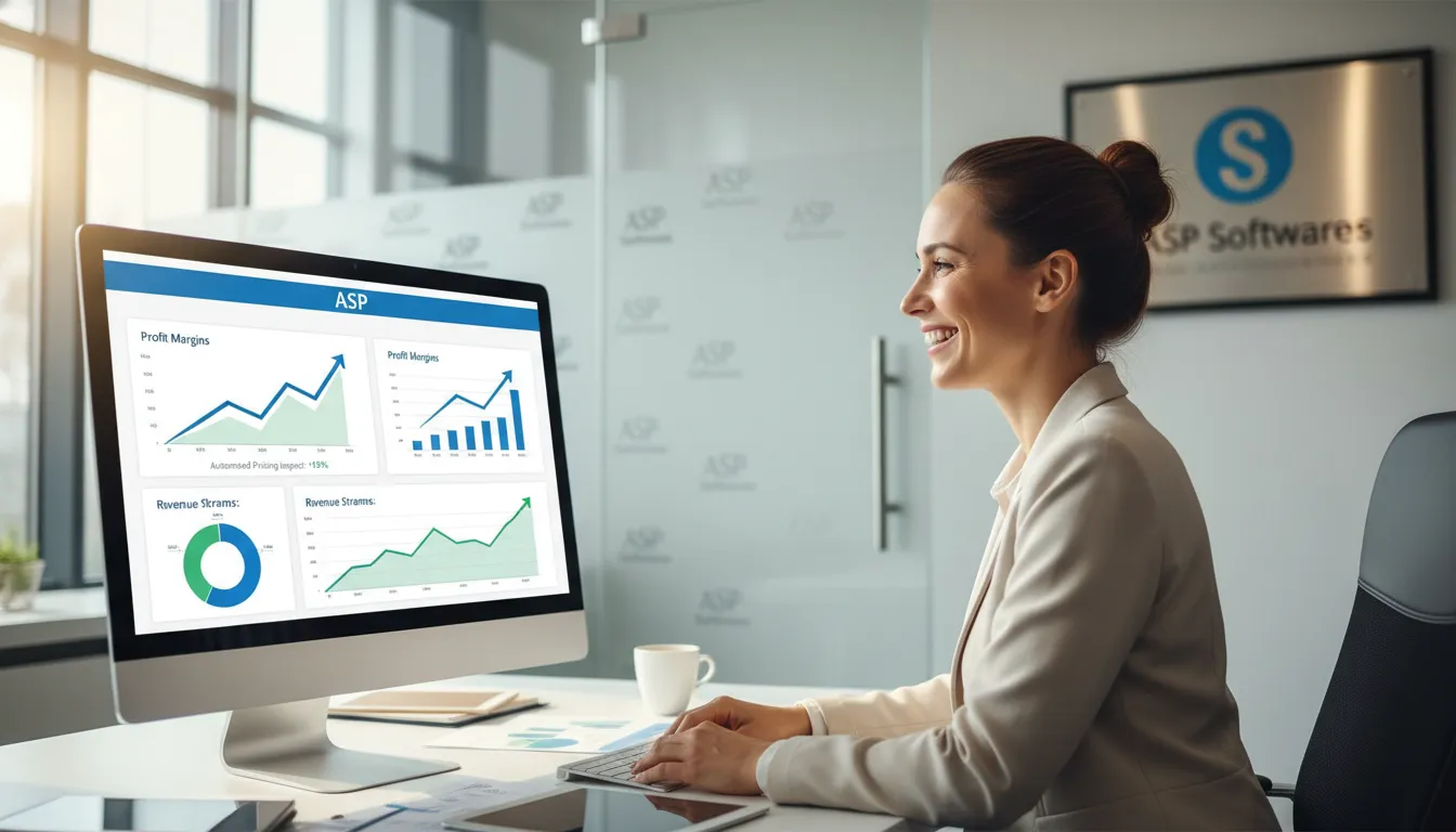 Empresário sorrindo ao ver os resultados do markup automatizado pela ASP Softwares, com aumento das margens de lucro demonstrado em relatórios.
