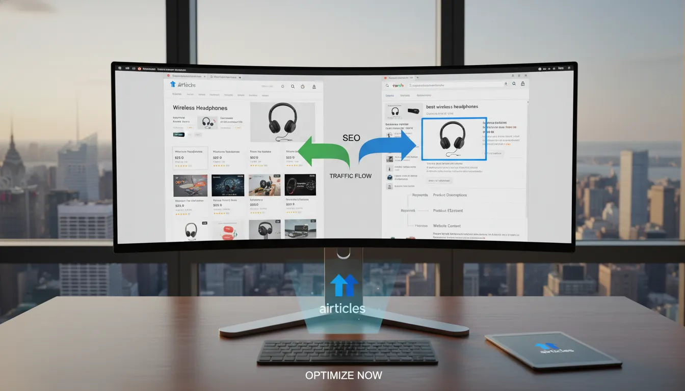 Split-screen displaying E-commerce SEO impact on online store traffic and search engine result rankings.