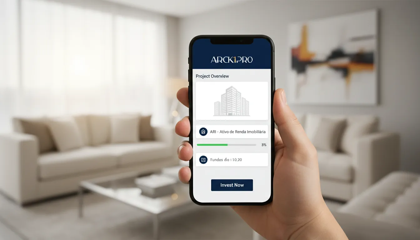 Mão segura smartphone exibindo plataforma de crowdfunding imobiliário Arck1Pro, com opções de investimento ARI.