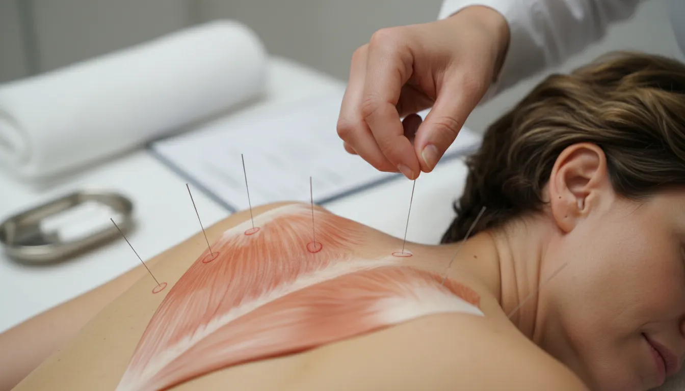 Detalhe do ombro de um paciente recebendo tratamento com agulhamento a seco, mostrando a precisão da técnica para alívio da dor muscular.
