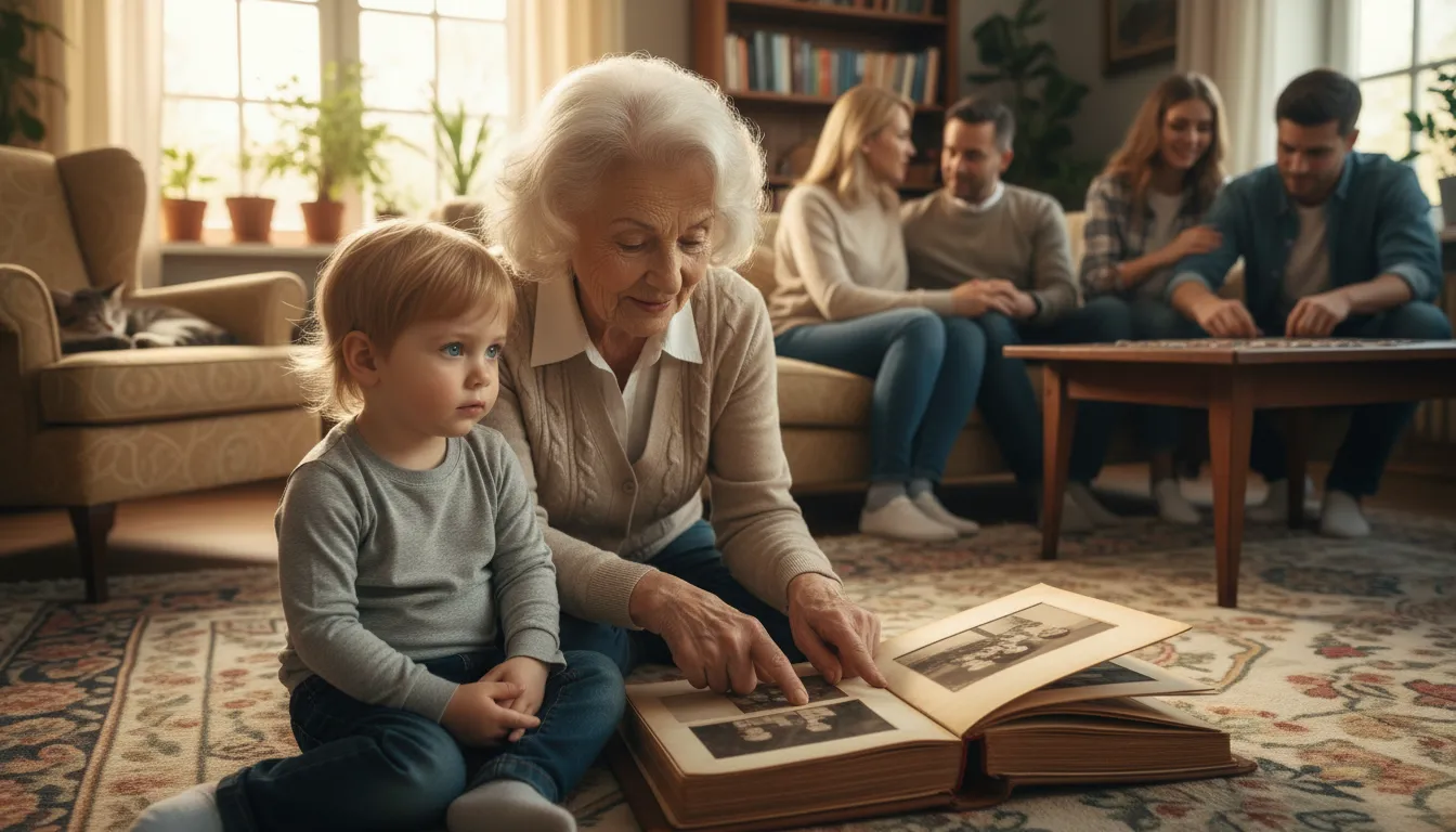 The deep richness of convivência among six generations, depicting intergenerational learning as an elder shares stories with a child.