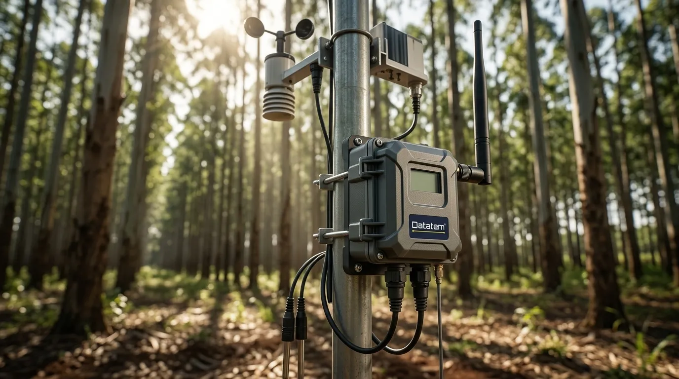 Estação de monitoramento com internet rural via chip M2M em plantação.