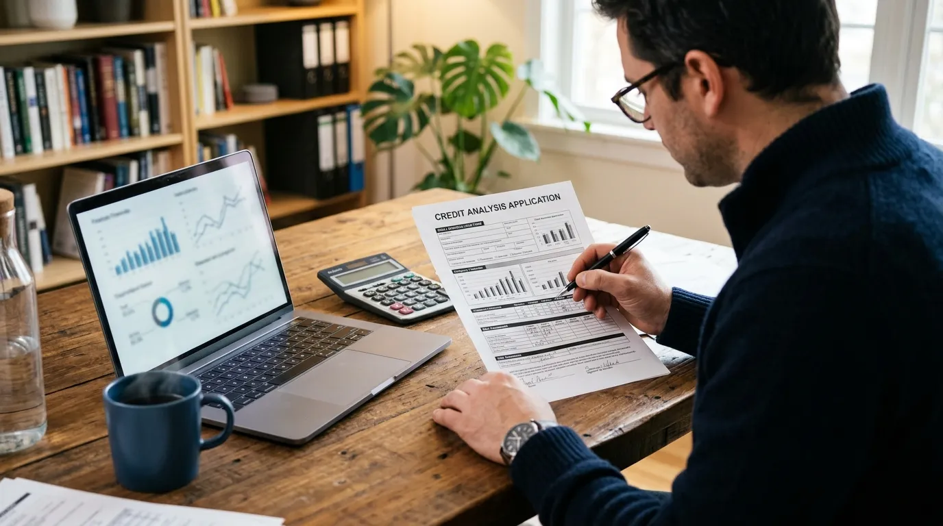Documentos e analise de credito para financiamento de onibus para empresa sobre mesa de escritorio.