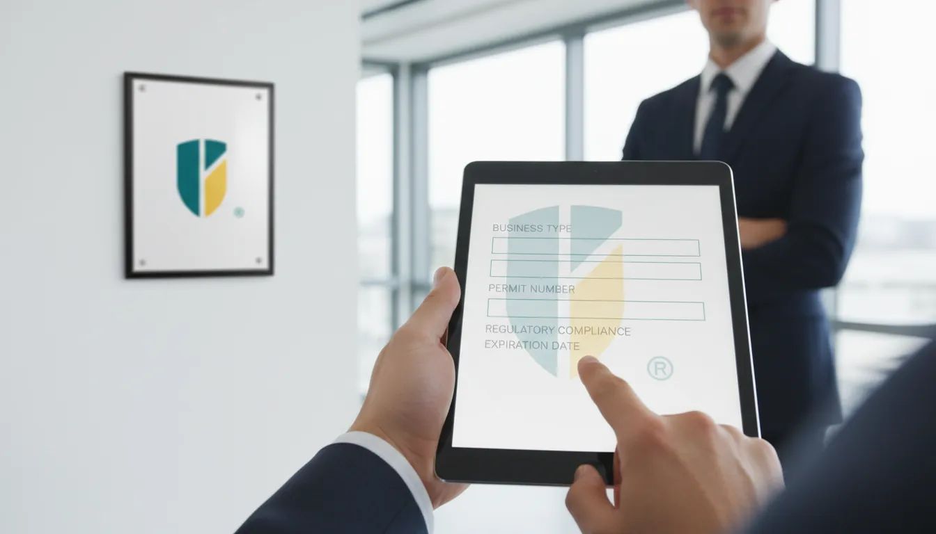 Detalhe de uma mão segurando um tablet com um formulário digital sobre alvará de funcionamento, com um escudo sutil como marca d'água.