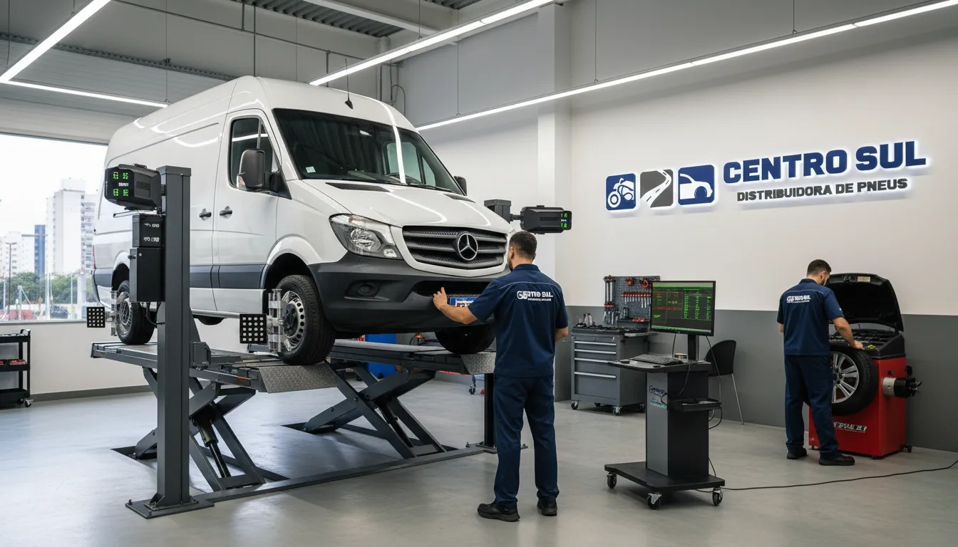 Pneu para van comercial recebendo geometria 3D e balanceamento, com serviços especializados da Centro Sul.