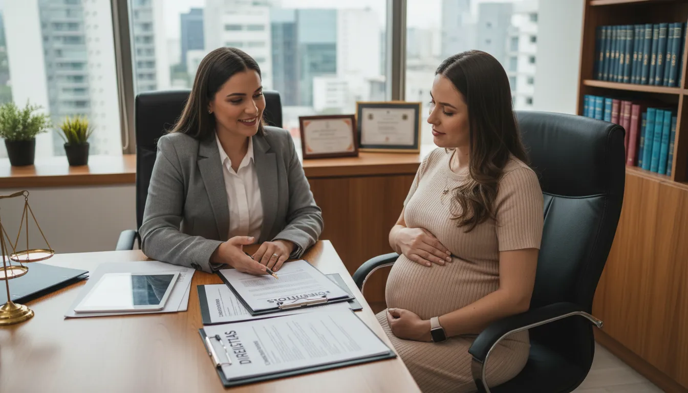 Advogado orientando gestante sobre direitos trabalhistas em escritório moderno e confortável.