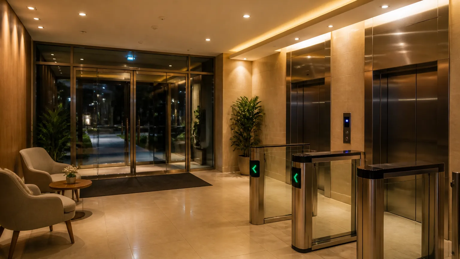 Hall e elevadores seguros com crédito condominial para gerador de energia em condomínio.