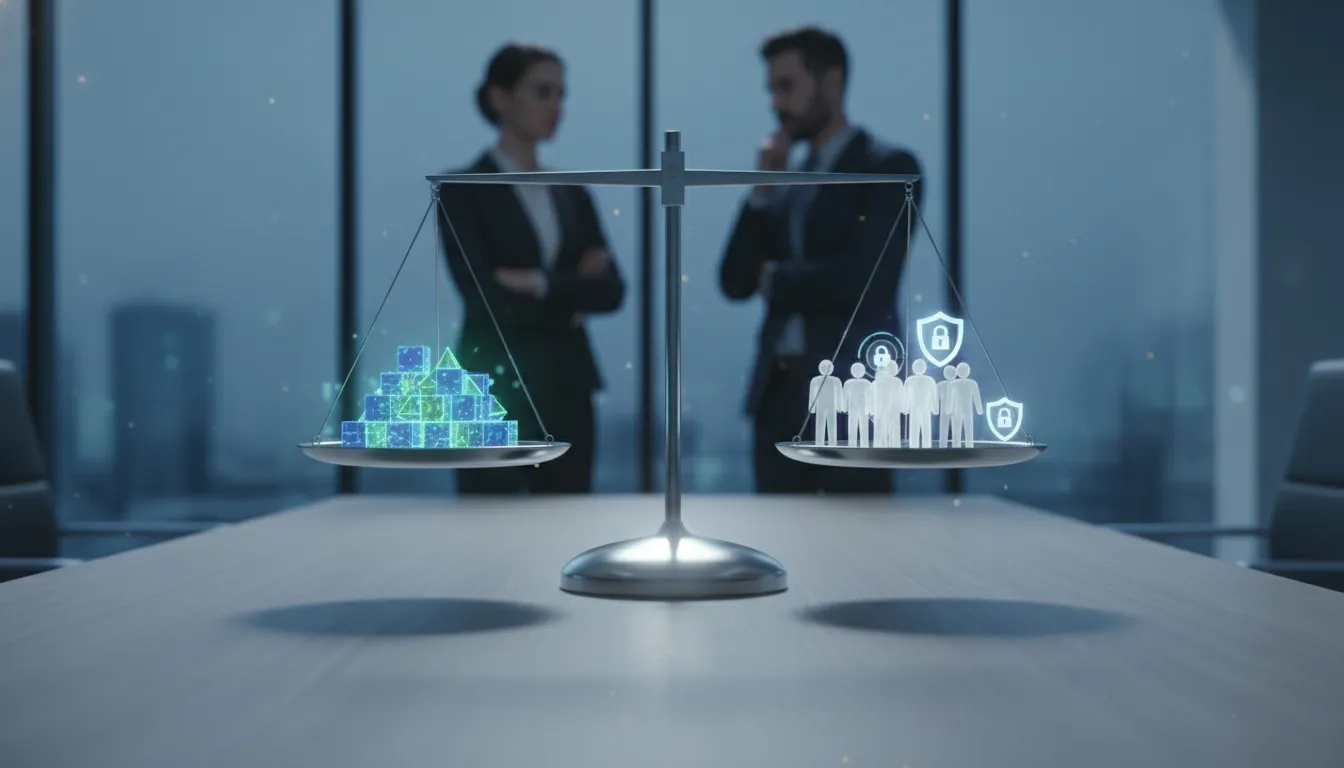 Balança digital ilustra o equilíbrio entre o legítimo interesse LGPD da empresa e os direitos dos titulares de dados.