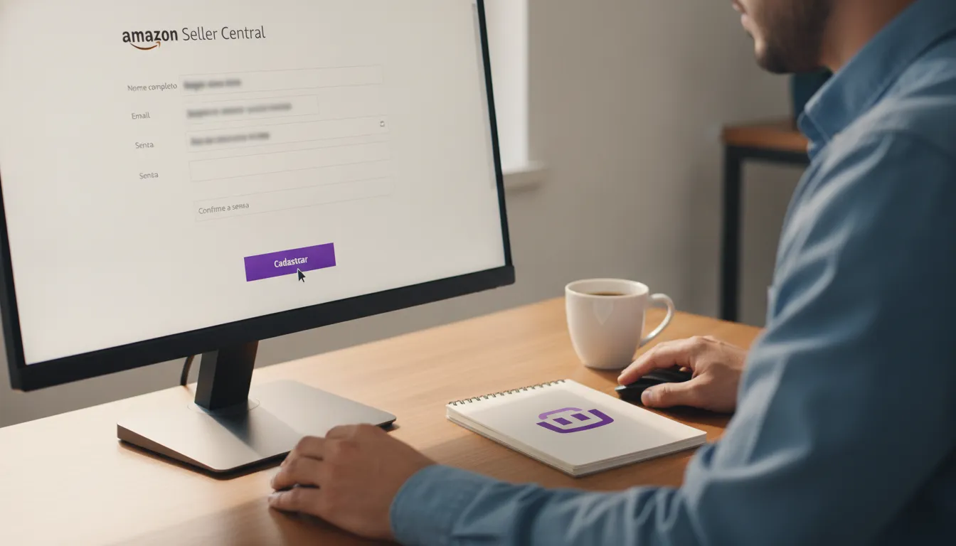 Tela de computador mostrando cadastro Amazon Seller Central, mão clicando 'Cadastrar'. Primeiro passo para vender na Amazon.