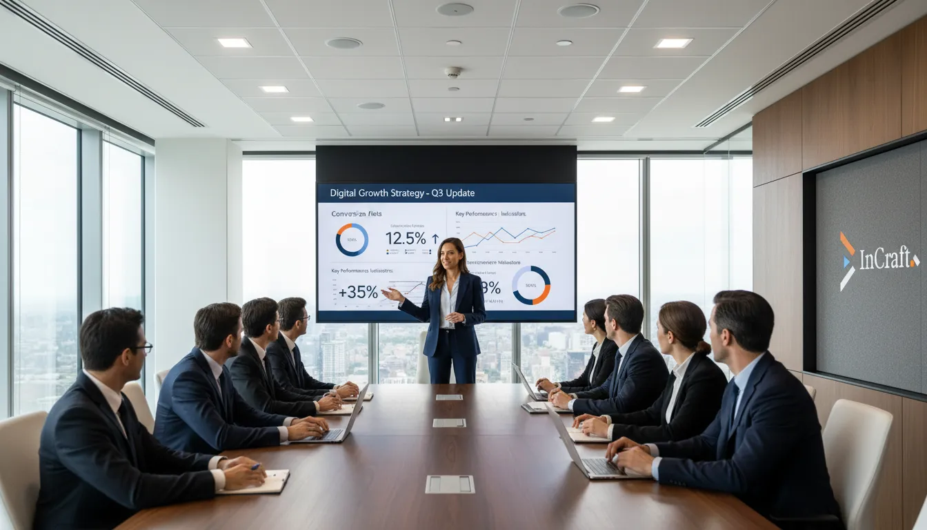 CEO de agencia de marketing B2B apresenta estratégia digital para conselho executivo em sala de reunião moderna.