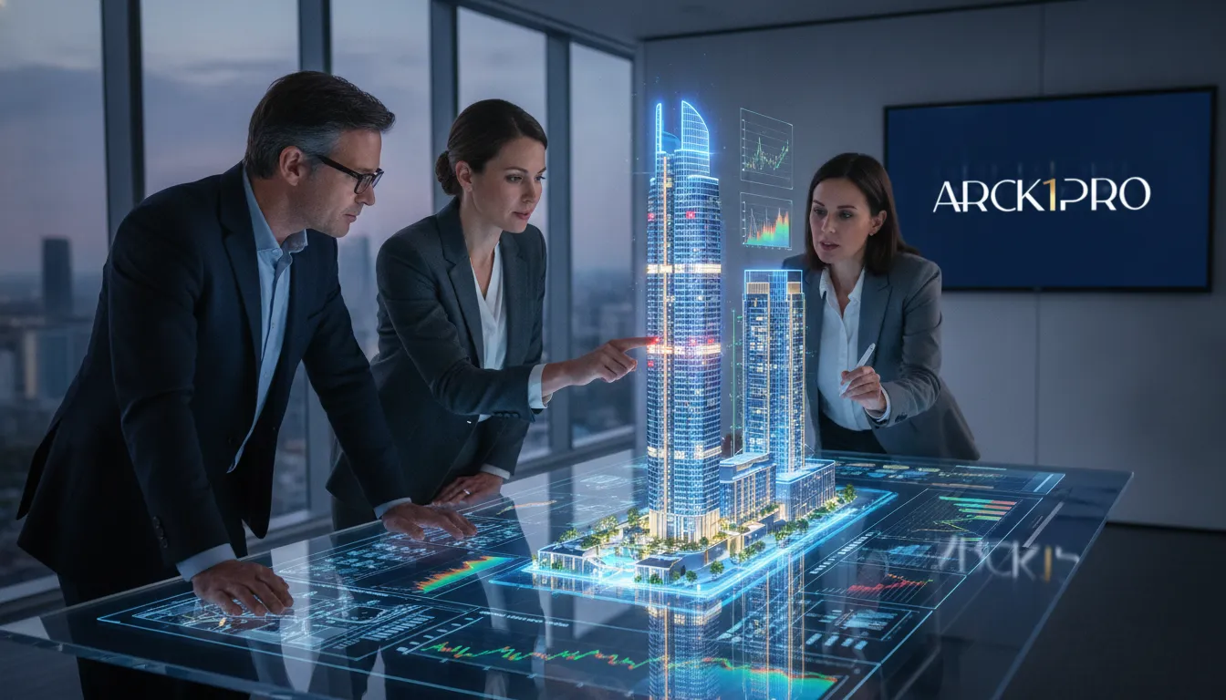 Equipe colabora com viabilidade BIM incorporação imobiliária, analisando dados financeiros e riscos em tela interativa.