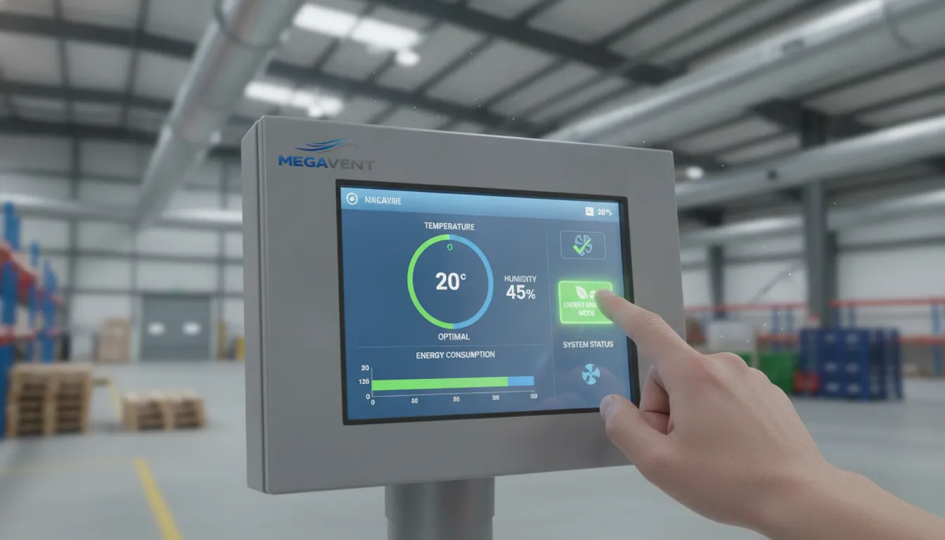 Painel de controle MegaVent exibindo baixo consumo de energia, ideal para reduzir calor no galpão eficientemente.