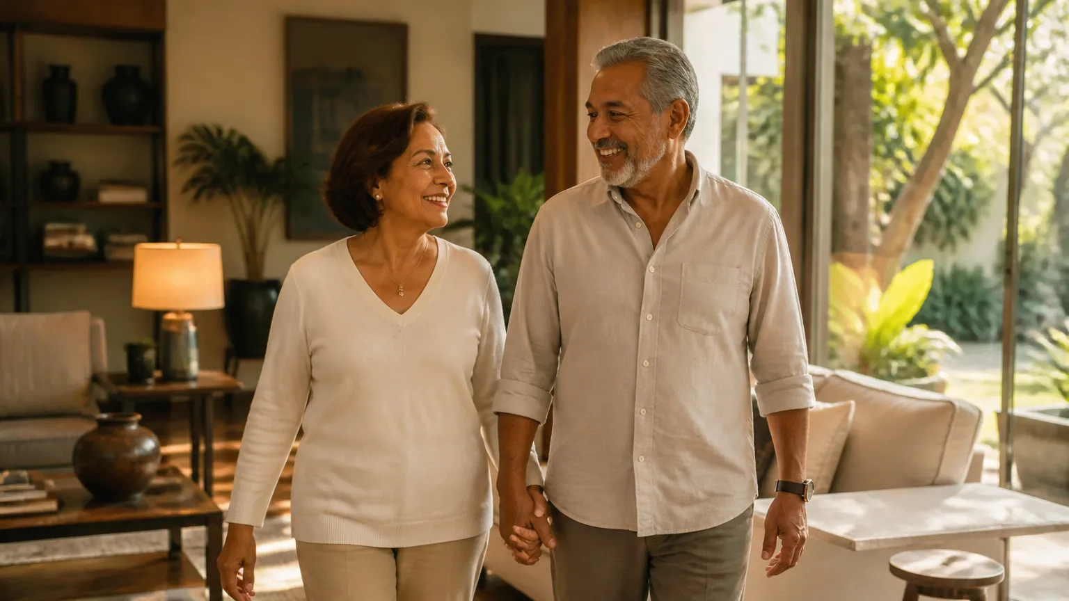 Casal tranquilo após definir o planejamento sucessório para proteção dos bens da família.