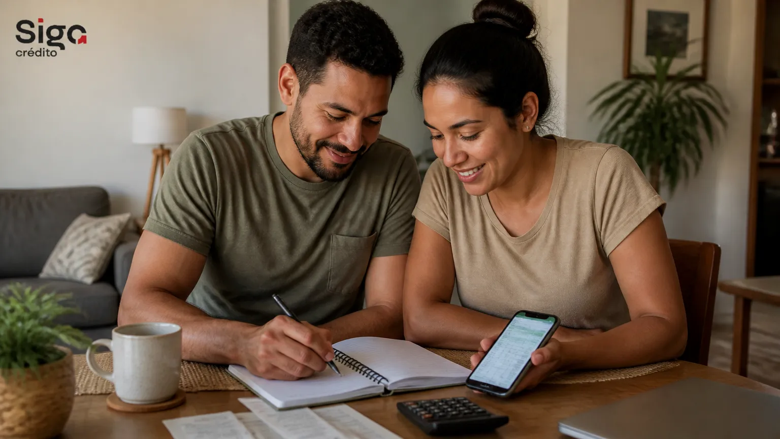 Casal organizando orçamento doméstico após conferir o cálculo de rescisão do trabalho.